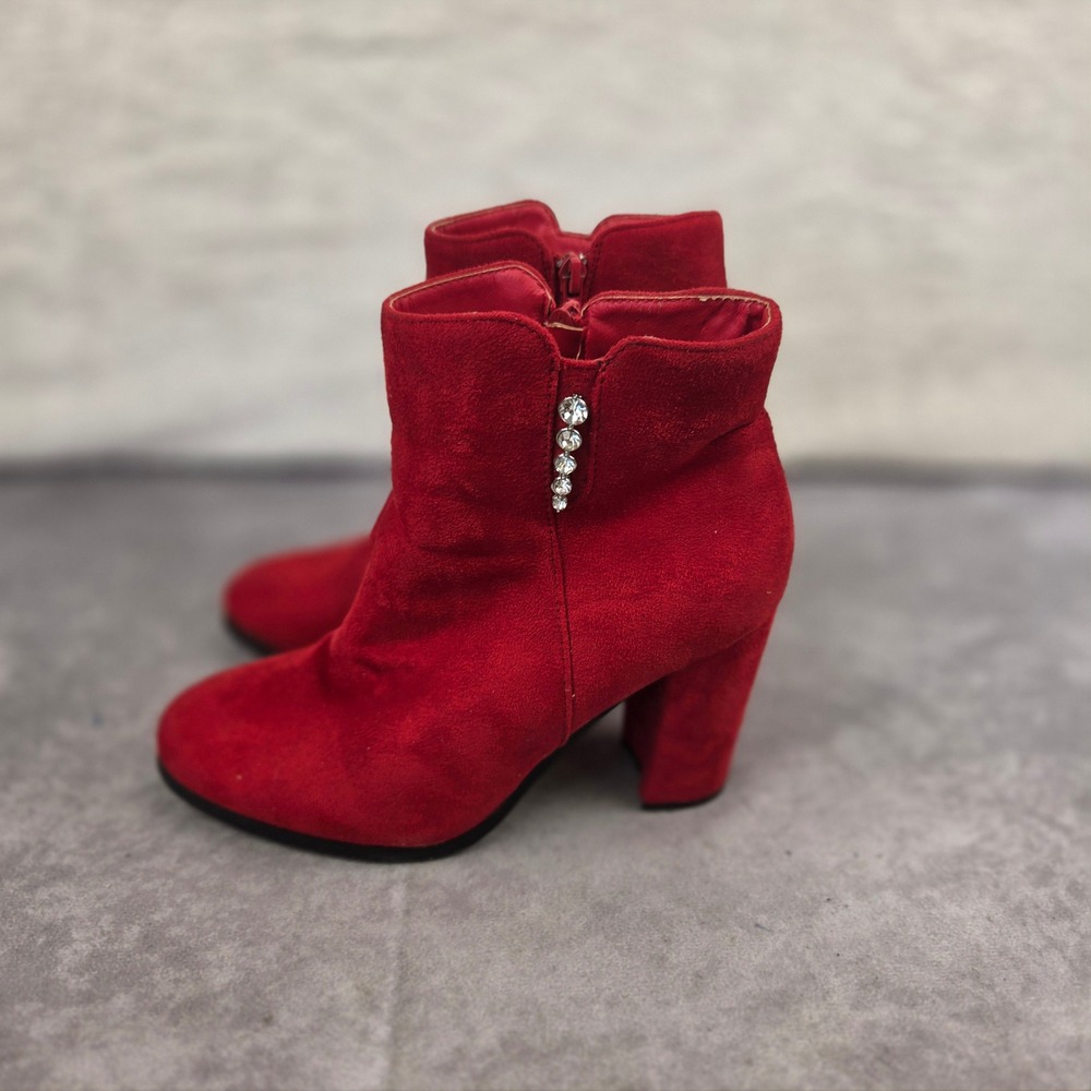 Dream Pairs Red Faux Suede Rhinestone Accent Block Heel Ankle Boots Womens 8